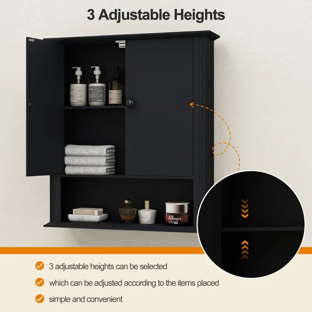 Alt view image 4 of 7 - Bathroom Wall Cabinet, Over The Toilet Storage With Adjustable Shelf | | Wall Mount Hanging Design,Over-Toilet Storage,2 Magnetic Doors,Black Finish,Use for Bathroom,Kitchen,Laundry Room