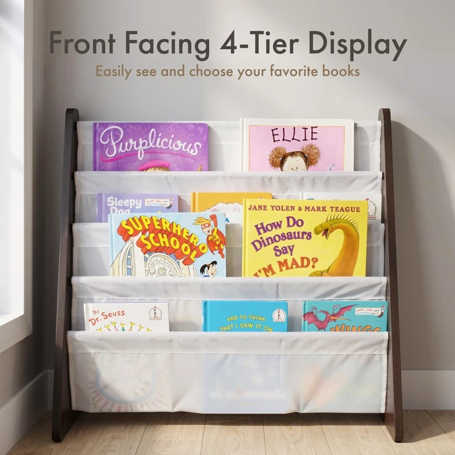 Alt view image 3 of 7 - Kids Bookshelf, Montessori Front Facing Toddler Bookcase 4 Tier | Book display rack and reading nook organizer, nylon pockets show covers face out, compact for any playroom or bedroom space
