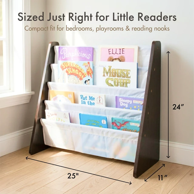 Alt view image 6 of 7 - Kids Bookshelf, Montessori Front Facing Toddler Bookcase 4 Tier | Book display rack and reading nook organizer, nylon pockets show covers face out, compact for any playroom or bedroom space