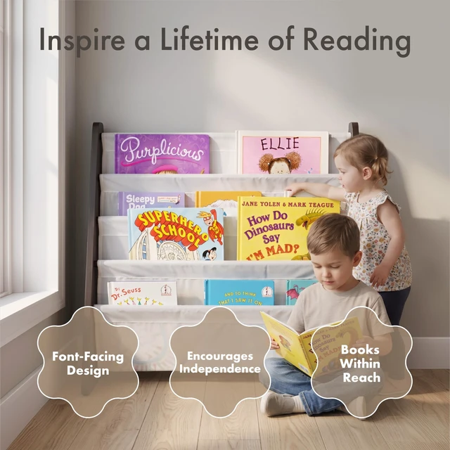 Alt view image 2 of 7 - Kids Bookshelf, Montessori Front Facing Toddler Bookcase 4 Tier | Book display rack and reading nook organizer, nylon pockets show covers face out, compact for any playroom or bedroom space