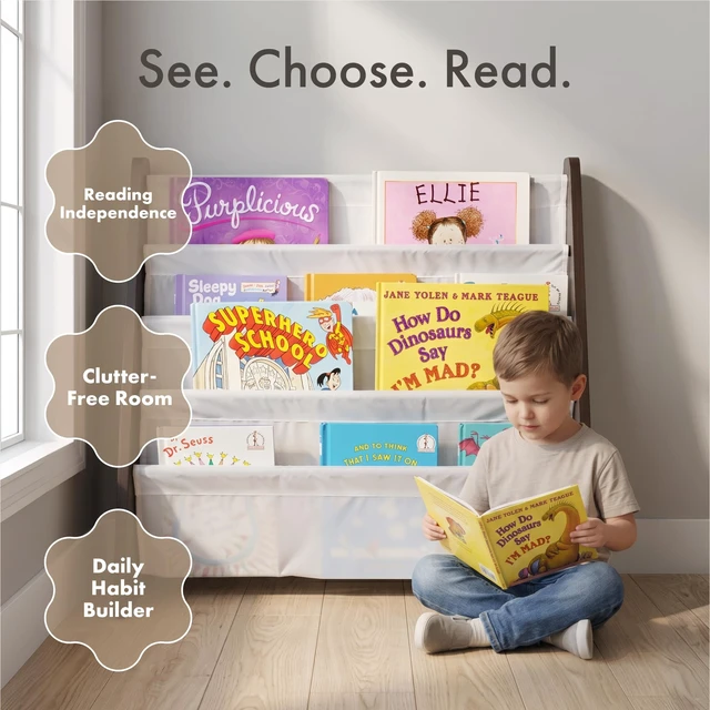 Alt view image 5 of 7 - Kids Bookshelf, Montessori Front Facing Toddler Bookcase 4 Tier | Book display rack and reading nook organizer, nylon pockets show covers face out, compact for any playroom or bedroom space
