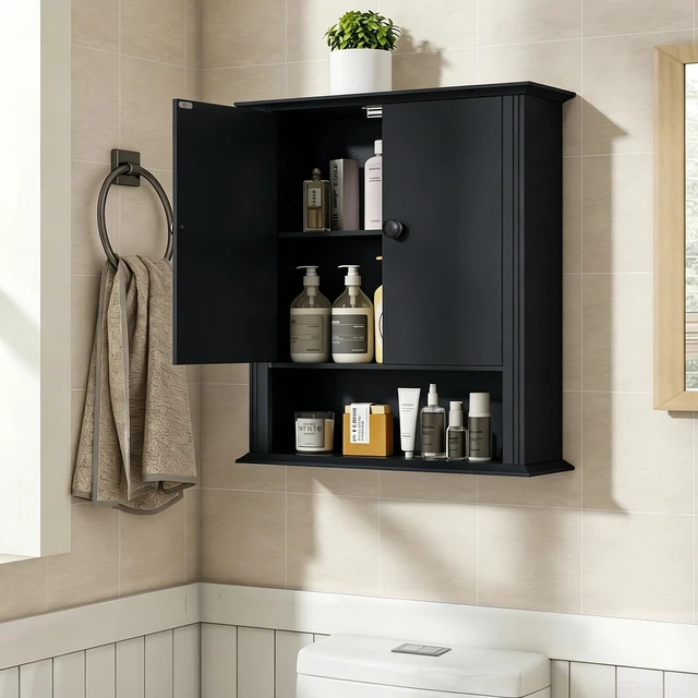 Alt view image 3 of 7 - Bathroom Wall Cabinet, Over The Toilet Storage With Adjustable Shelf | | Wall Mount Hanging Design,Over-Toilet Storage,2 Magnetic Doors,Black Finish,Use for Bathroom,Kitchen,Laundry Room