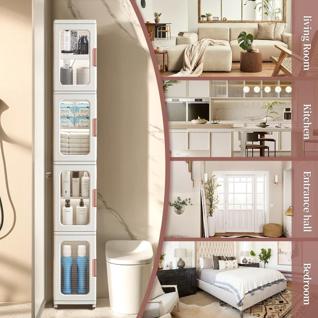Alt view image 3 of 7 - Narrow Storage Cabinet with Doors and Shelves Tall Skinny Bathroom Storage Kitchen Cabinet with Adjustable Shelf Cabinet Organizer Toilet Paper Storage Linen Closet 4 Layer (White)