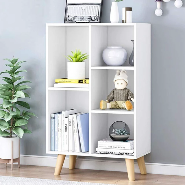 Main image of Wooden Open Shelf Bookcase - 3-Tier Bookshelf with Legs, Warm White | Nordic Minimalist Style, MDF Material, Raised Solid Wood Legs, 5 Storage Cubes Display, Floor-Standing Cabinet Organizer