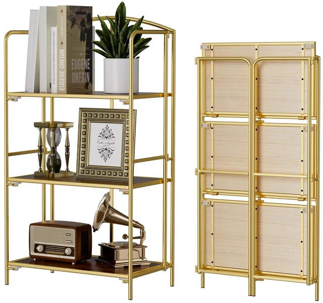 Main image of 3-Tier Foldable Bookshelf, Gold Frame & Walnut Shelves | No-Assembly Collapsible Portable Storage Organizer; Sturdy Walnut Finish Shelves; Ideal for Living Room & Home Office