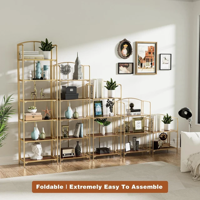 Alt view image 2 of 7 - 3-Tier Foldable Bookshelf, Gold Frame & Walnut Shelves | No-Assembly Collapsible Portable Storage Organizer; Sturdy Walnut Finish Shelves; Ideal for Living Room & Home Office