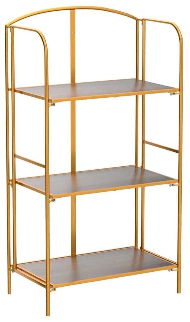 Alt view image 4 of 7 - 3-Tier Foldable Bookshelf, Gold Frame & Walnut Shelves | No-Assembly Collapsible Portable Storage Organizer; Sturdy Walnut Finish Shelves; Ideal for Living Room & Home Office