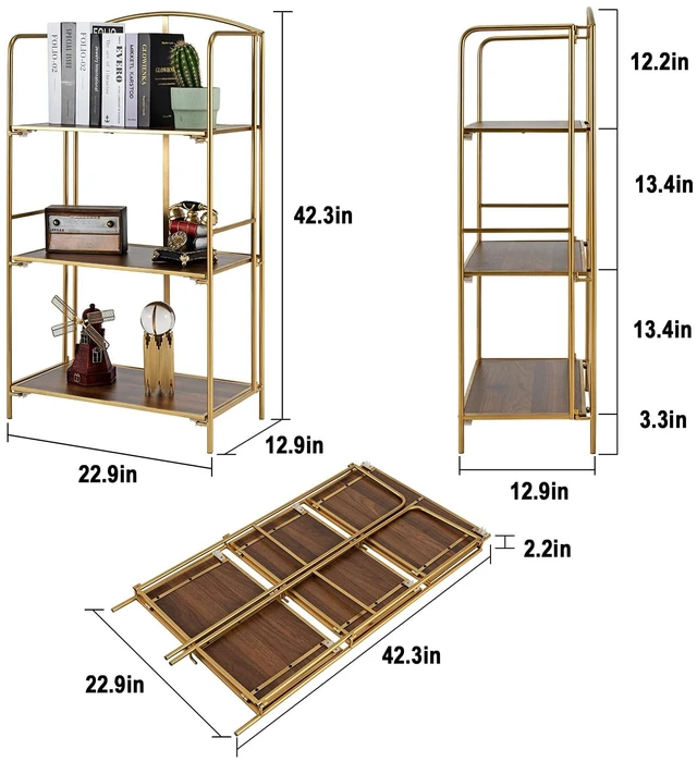 Alt view image 3 of 7 - 3-Tier Foldable Bookshelf, Gold Frame & Walnut Shelves | No-Assembly Collapsible Portable Storage Organizer; Sturdy Walnut Finish Shelves; Ideal for Living Room & Home Office