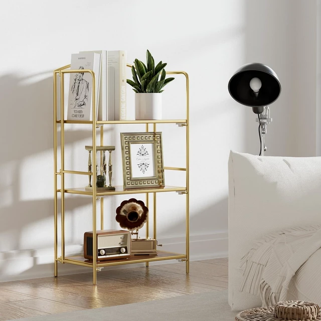 Alt view image 6 of 7 - 3-Tier Foldable Bookshelf, Gold Frame & Walnut Shelves | No-Assembly Collapsible Portable Storage Organizer; Sturdy Walnut Finish Shelves; Ideal for Living Room & Home Office