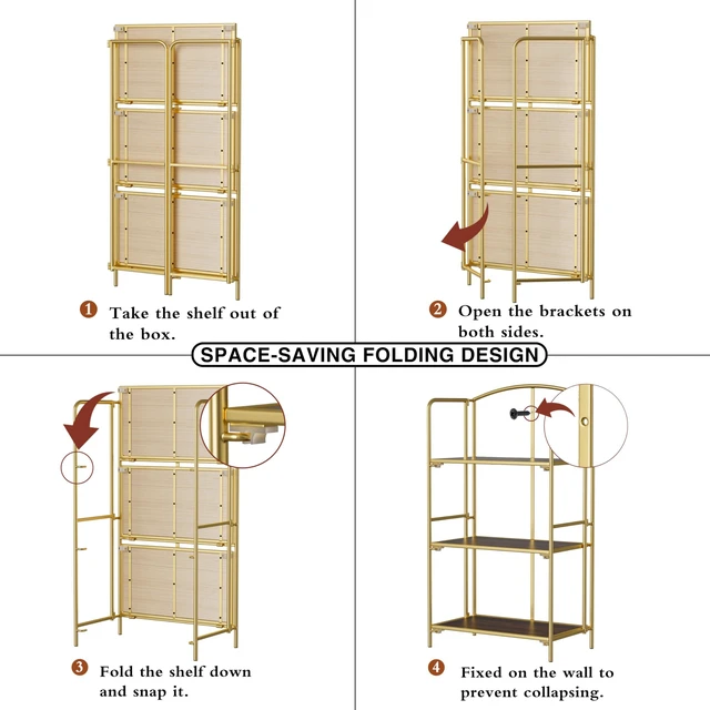 Alt view image 5 of 7 - 3-Tier Foldable Bookshelf, Gold Frame & Walnut Shelves | No-Assembly Collapsible Portable Storage Organizer; Sturdy Walnut Finish Shelves; Ideal for Living Room & Home Office