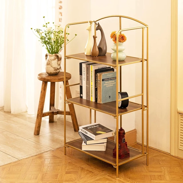 Alt view image 7 of 7 - 3-Tier Foldable Bookshelf, Gold Frame & Walnut Shelves | No-Assembly Collapsible Portable Storage Organizer; Sturdy Walnut Finish Shelves; Ideal for Living Room & Home Office
