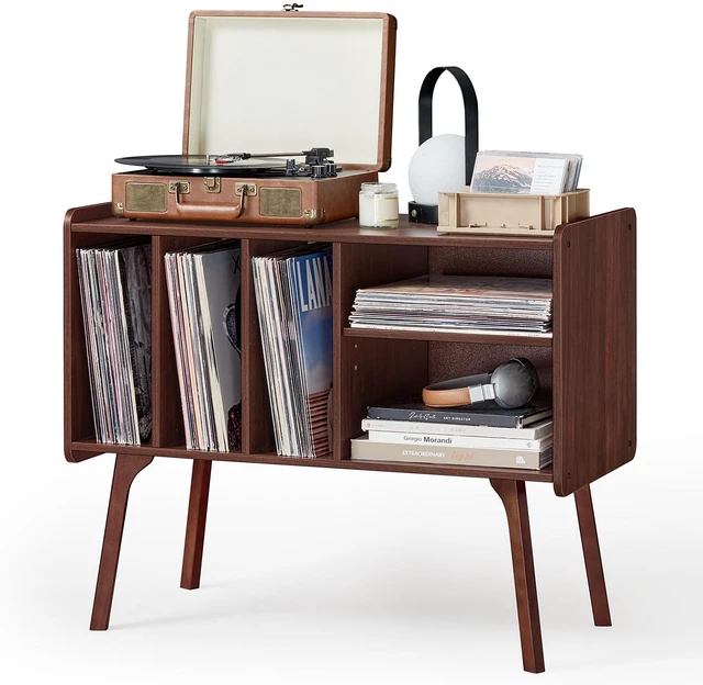 Main image of Record Player Stand with 4 Cabinet Holds Up to 220 Albums,Walnut | Large Turntable Stand with Wood Legs, Mid-Century Record Player Table,Vinyl Holder Storage for Bedroom Living Room