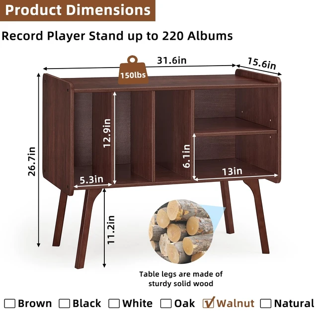 Alt view image 2 of 7 - Record Player Stand with 4 Cabinet Holds Up to 220 Albums,Walnut | Large Turntable Stand with Wood Legs, Mid-Century Record Player Table,Vinyl Holder Storage for Bedroom Living Room