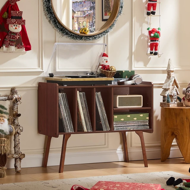 Alt view image 3 of 7 - Record Player Stand with 4 Cabinet Holds Up to 220 Albums,Walnut | Large Turntable Stand with Wood Legs, Mid-Century Record Player Table,Vinyl Holder Storage for Bedroom Living Room