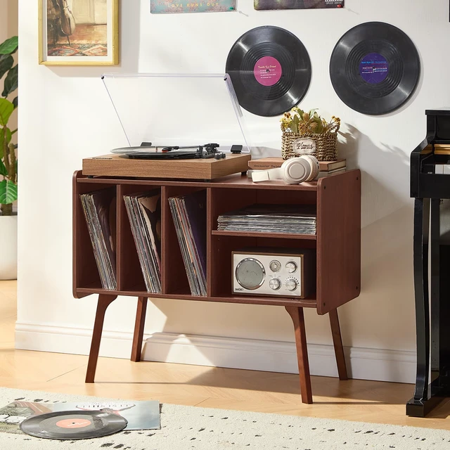Alt view image 4 of 7 - Record Player Stand with 4 Cabinet Holds Up to 220 Albums,Walnut | Large Turntable Stand with Wood Legs, Mid-Century Record Player Table,Vinyl Holder Storage for Bedroom Living Room