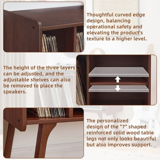Alt view image 5 of 7 - Record Player Stand with 4 Cabinet Holds Up to 220 Albums,Walnut | Large Turntable Stand with Wood Legs, Mid-Century Record Player Table,Vinyl Holder Storage for Bedroom Living Room