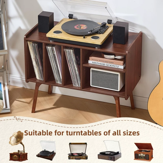 Alt view image 6 of 7 - Record Player Stand with 4 Cabinet Holds Up to 220 Albums,Walnut | Large Turntable Stand with Wood Legs, Mid-Century Record Player Table,Vinyl Holder Storage for Bedroom Living Room