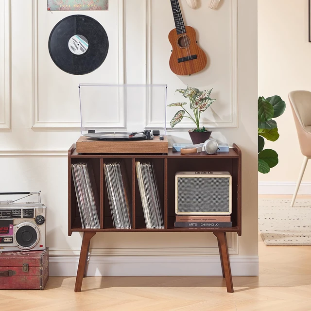 Alt view image 7 of 7 - Record Player Stand with 4 Cabinet Holds Up to 220 Albums,Walnut | Large Turntable Stand with Wood Legs, Mid-Century Record Player Table,Vinyl Holder Storage for Bedroom Living Room