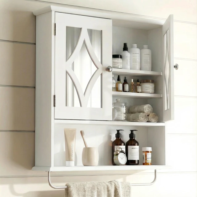 Main image of Bathroom Wall Cabinet with Mirror, Over the Toilet Storage Cabinet with Towel Rack and Adjustable Shelf, Large Bathroom Medicine Cabinet Wall Mount 22x25 inch (White)