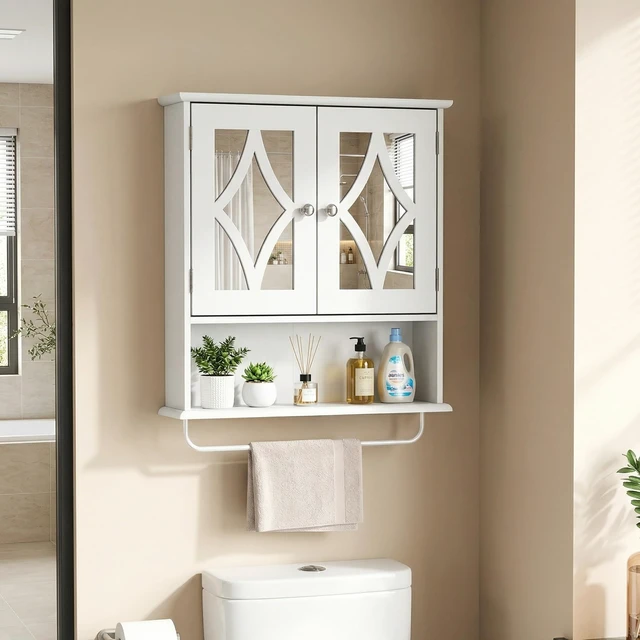 Alt view image 3 of 7 - Bathroom Wall Cabinet with Mirror, Over the Toilet Storage Cabinet with Towel Rack and Adjustable Shelf, Large Bathroom Medicine Cabinet Wall Mount 22x25 inch (White)
