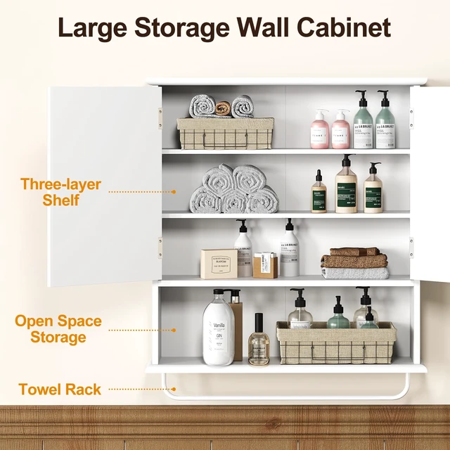 Alt view image 4 of 7 - Bathroom Wall Cabinet with Mirror, Over the Toilet Storage Cabinet with Towel Rack and Adjustable Shelf, Large Bathroom Medicine Cabinet Wall Mount 22x25 inch (White)