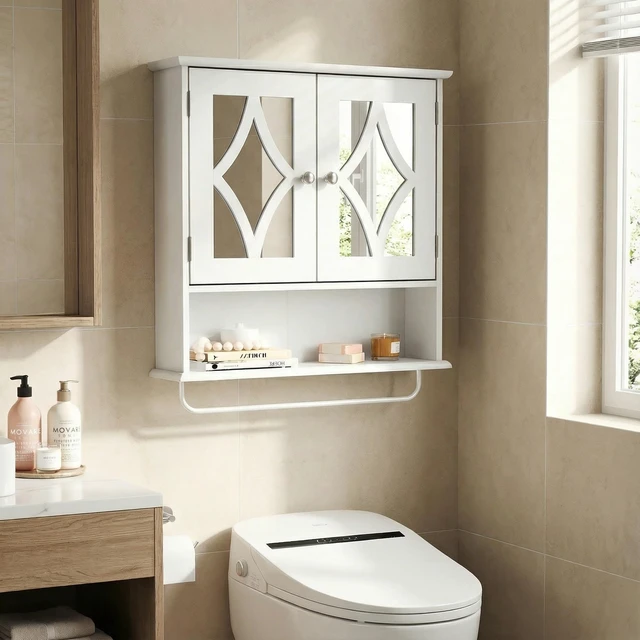 Alt view image 5 of 7 - Bathroom Wall Cabinet with Mirror, Over the Toilet Storage Cabinet with Towel Rack and Adjustable Shelf, Large Bathroom Medicine Cabinet Wall Mount 22x25 inch (White)