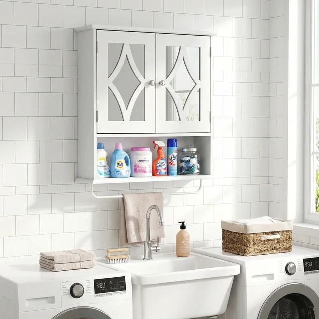 Alt view image 6 of 7 - Bathroom Wall Cabinet with Mirror, Over the Toilet Storage Cabinet with Towel Rack and Adjustable Shelf, Large Bathroom Medicine Cabinet Wall Mount 22x25 inch (White)