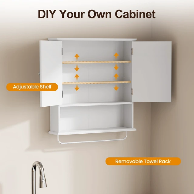 Alt view image 7 of 7 - Bathroom Wall Cabinet with Mirror, Over the Toilet Storage Cabinet with Towel Rack and Adjustable Shelf, Large Bathroom Medicine Cabinet Wall Mount 22x25 inch (White)