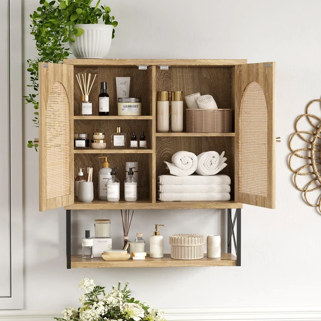 Alt view image 2 of 7 - Rattan Bathroom Wall Cabinet, Boho Medicine Wall Cabinet with Double Doors and Adjustable Shelves, Tall Kitchen Wall Mounted Storage Cabinet, Floating Space Saver Over Toilet, Natural