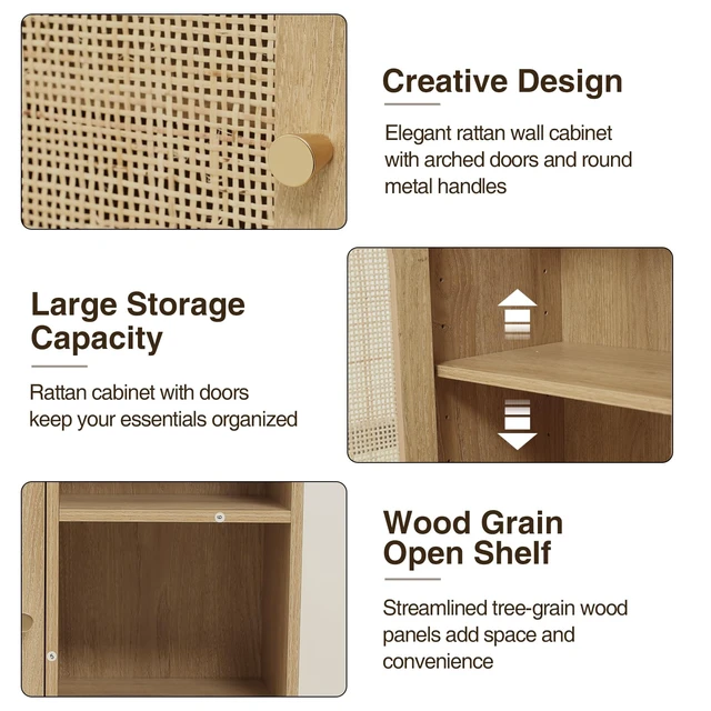 Alt view image 4 of 7 - Rattan Bathroom Wall Cabinet, Boho Medicine Wall Cabinet with Double Doors and Adjustable Shelves, Tall Kitchen Wall Mounted Storage Cabinet, Floating Space Saver Over Toilet, Natural