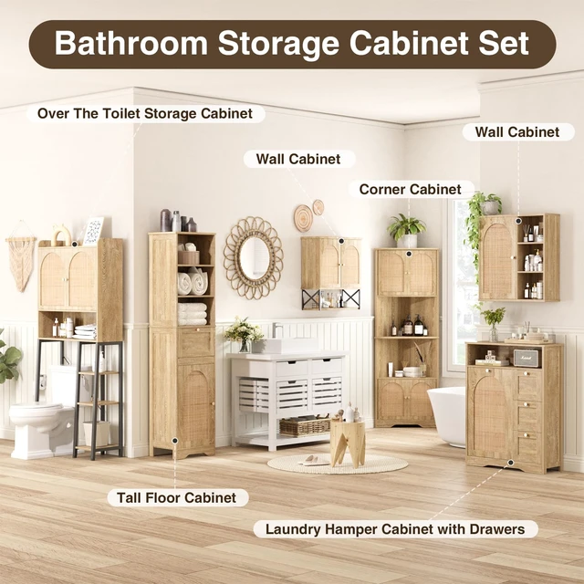 Alt view image 5 of 7 - Rattan Bathroom Wall Cabinet, Boho Medicine Wall Cabinet with Double Doors and Adjustable Shelves, Tall Kitchen Wall Mounted Storage Cabinet, Floating Space Saver Over Toilet, Natural