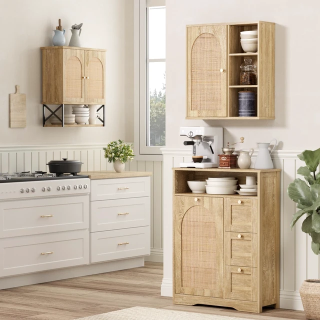 Alt view image 7 of 7 - Rattan Bathroom Wall Cabinet, Boho Medicine Wall Cabinet with Double Doors and Adjustable Shelves, Tall Kitchen Wall Mounted Storage Cabinet, Floating Space Saver Over Toilet, Natural