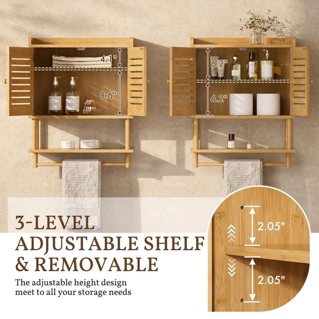 Alt view image 2 of 7 - Bathroom Wall Cabinets, Large Bamboo Medicine Cabinets with Towel Bar, Hanging Over Toilet Storage Organizer Cabinet with Adjustable Shelves for Small Spaces, 8.3x21.3x26.6 Inches