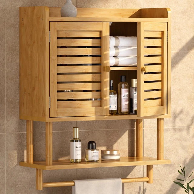 Main image of Bathroom Wall Cabinets, Large Bamboo Medicine Cabinets with Towel Bar, Hanging Over Toilet Storage Organizer Cabinet with Adjustable Shelves for Small Spaces, 8.3x21.3x26.6 Inches
