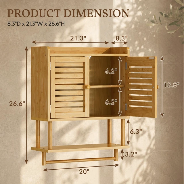 Alt view image 3 of 7 - Bathroom Wall Cabinets, Large Bamboo Medicine Cabinets with Towel Bar, Hanging Over Toilet Storage Organizer Cabinet with Adjustable Shelves for Small Spaces, 8.3x21.3x26.6 Inches