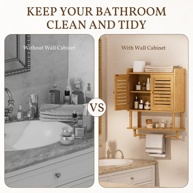 Alt view image 4 of 7 - Bathroom Wall Cabinets, Large Bamboo Medicine Cabinets with Towel Bar, Hanging Over Toilet Storage Organizer Cabinet with Adjustable Shelves for Small Spaces, 8.3x21.3x26.6 Inches
