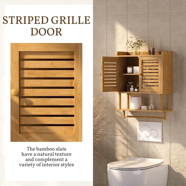 Alt view image 5 of 7 - Bathroom Wall Cabinets, Large Bamboo Medicine Cabinets with Towel Bar, Hanging Over Toilet Storage Organizer Cabinet with Adjustable Shelves for Small Spaces, 8.3x21.3x26.6 Inches