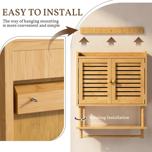 Alt view image 6 of 7 - Bathroom Wall Cabinets, Large Bamboo Medicine Cabinets with Towel Bar, Hanging Over Toilet Storage Organizer Cabinet with Adjustable Shelves for Small Spaces, 8.3x21.3x26.6 Inches