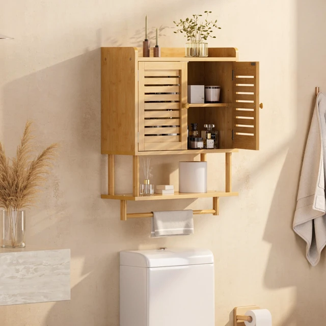 Alt view image 7 of 7 - Bathroom Wall Cabinets, Large Bamboo Medicine Cabinets with Towel Bar, Hanging Over Toilet Storage Organizer Cabinet with Adjustable Shelves for Small Spaces, 8.3x21.3x26.6 Inches