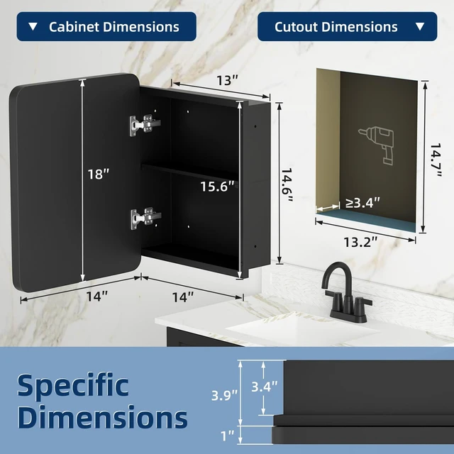 Alt view image 3 of 7 - Medicine Cabinet with Mirror, 14x18 Inch Black Bathroom Mirrored Cabinet, Metal Framed Wall Cabinet with Beveled Mirror, Modern Surface Mount or Recessed Medicine Cabinet with Storage