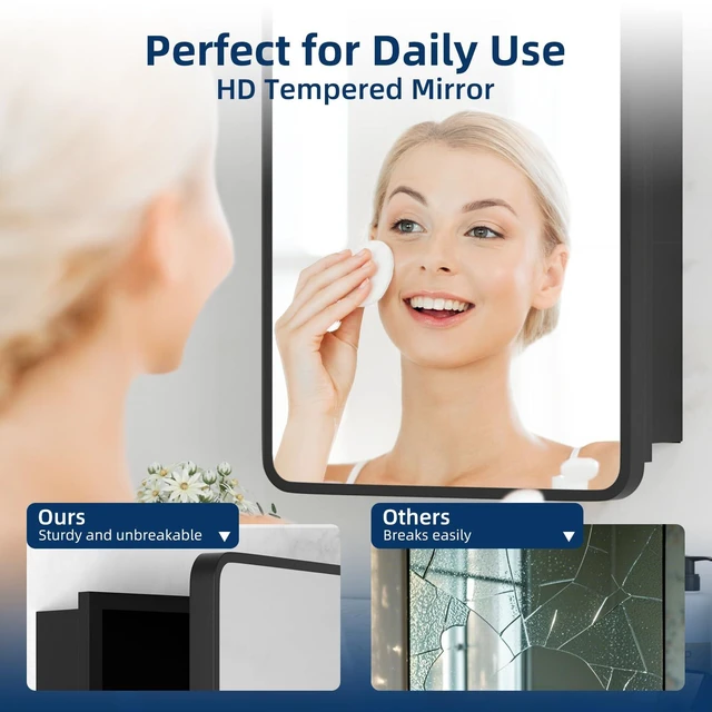 Alt view image 6 of 7 - Medicine Cabinet with Mirror, 14x18 Inch Black Bathroom Mirrored Cabinet, Metal Framed Wall Cabinet with Beveled Mirror, Modern Surface Mount or Recessed Medicine Cabinet with Storage