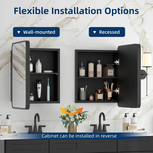 Alt view image 4 of 7 - Medicine Cabinet with Mirror, 14x18 Inch Black Bathroom Mirrored Cabinet, Metal Framed Wall Cabinet with Beveled Mirror, Modern Surface Mount or Recessed Medicine Cabinet with Storage