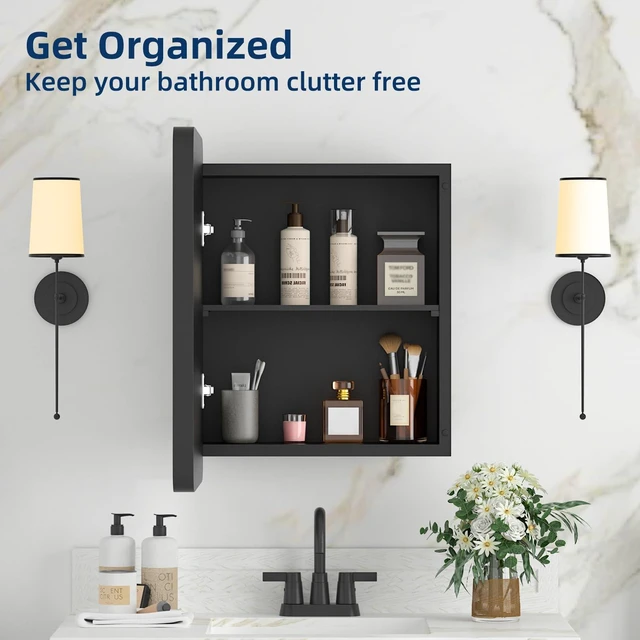 Alt view image 7 of 7 - Medicine Cabinet with Mirror, 14x18 Inch Black Bathroom Mirrored Cabinet, Metal Framed Wall Cabinet with Beveled Mirror, Modern Surface Mount or Recessed Medicine Cabinet with Storage