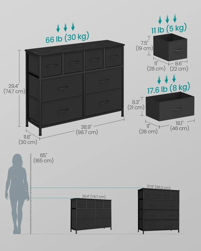 Alt view image 2 of 5 - Wide Dresser for Bedroom, 8 Fabric Drawers with Steel Frame | Wood Tabletop, Clothes Organizer, Storage Cabinet, for Closet, Ink Black, BELLAH Collection ULGS234B101S