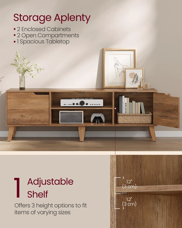 Alt view image 2 of 5 - TV Stand for 65'' TV, Entertainment Center with Adjustable Shelf | 58'' Media Console TV Table for Living Room, Mid-Century Modern Style TV Cabinet, Honey Brown, MIRANTA Collection ULTV556K01