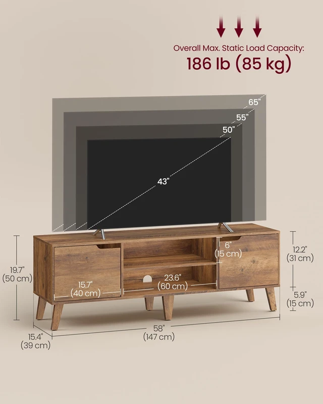 Alt view image 3 of 5 - TV Stand for 65'' TV, Entertainment Center with Adjustable Shelf | 58'' Media Console TV Table for Living Room, Mid-Century Modern Style TV Cabinet, Honey Brown, MIRANTA Collection ULTV556K01