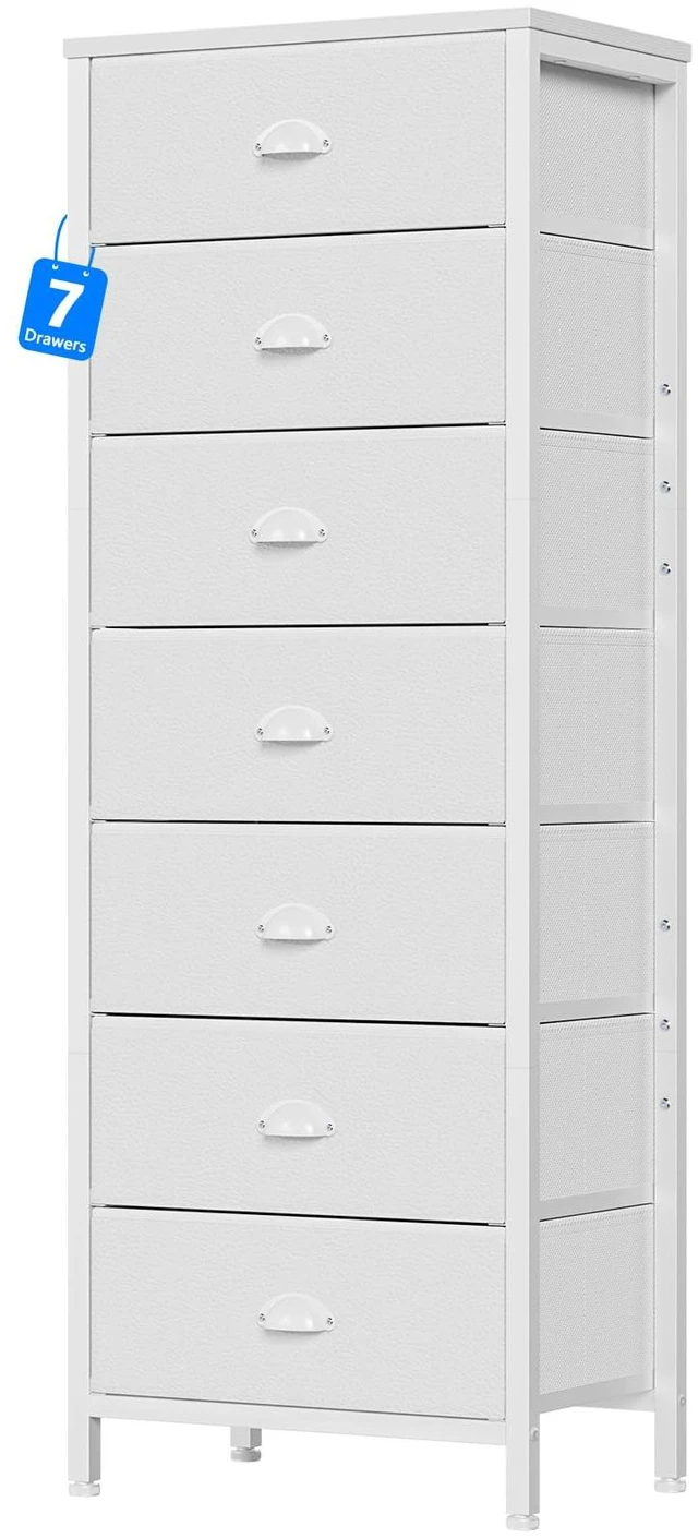 Main image of White Tall Dresser for Bedroom, Chest of Drawer with Fabric Drawer | Tall Skinny Dresser with 7 Drawers, Metal Frame, Wooden Top, Dorm Vertical Closet, Bedside Furniture in Living Room