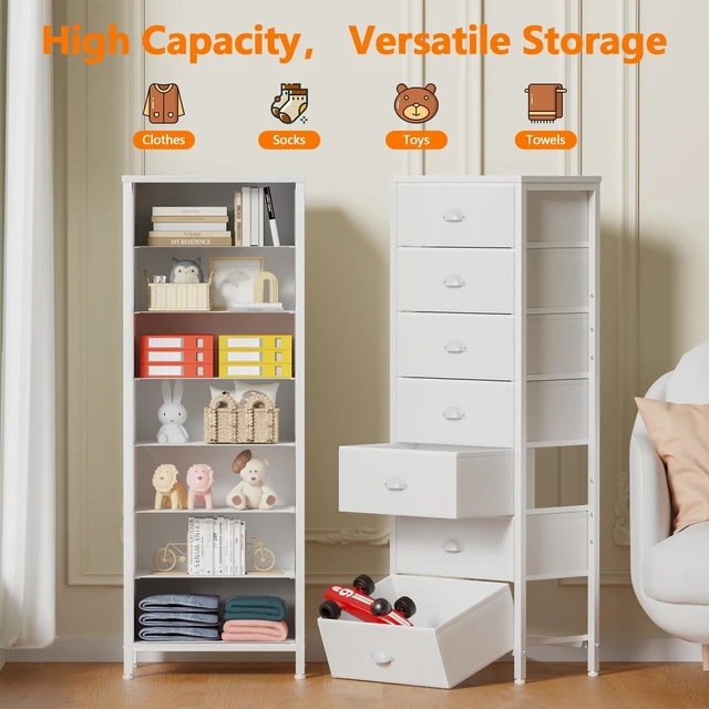Alt view image 2 of 7 - White Tall Dresser for Bedroom, Chest of Drawer with Fabric Drawer | Tall Skinny Dresser with 7 Drawers, Metal Frame, Wooden Top, Dorm Vertical Closet, Bedside Furniture in Living Room