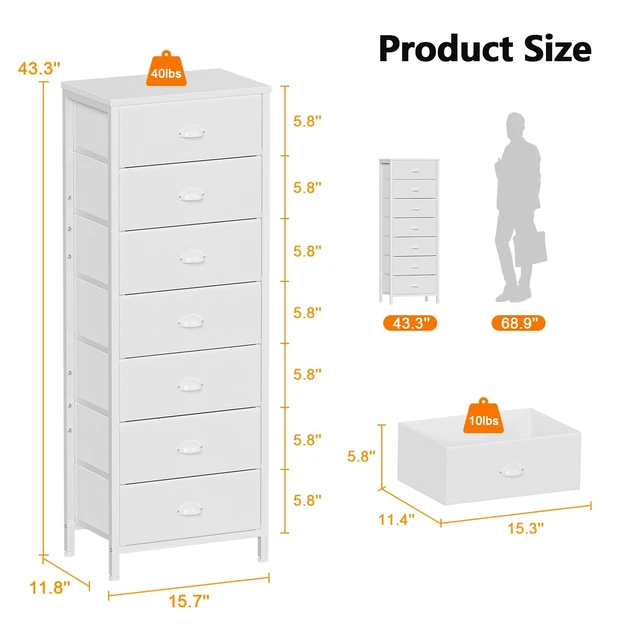 Alt view image 3 of 7 - White Tall Dresser for Bedroom, Chest of Drawer with Fabric Drawer | Tall Skinny Dresser with 7 Drawers, Metal Frame, Wooden Top, Dorm Vertical Closet, Bedside Furniture in Living Room