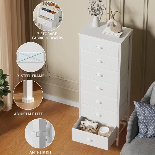 Alt view image 4 of 7 - White Tall Dresser for Bedroom, Chest of Drawer with Fabric Drawer | Tall Skinny Dresser with 7 Drawers, Metal Frame, Wooden Top, Dorm Vertical Closet, Bedside Furniture in Living Room